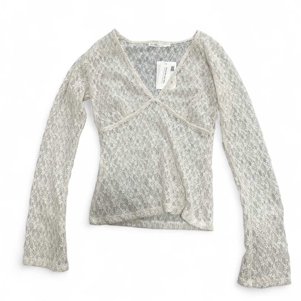 OAK + FORT Lace V-Neck Top in Cream